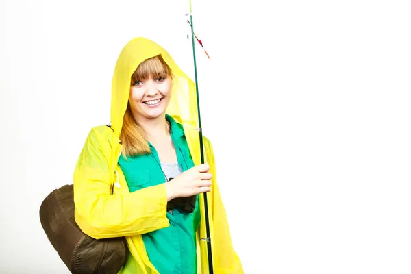 Fishery Spinning Equipment Angling Sport Activity Concept Woman Wearing Raincoat — Stock Photo, Image