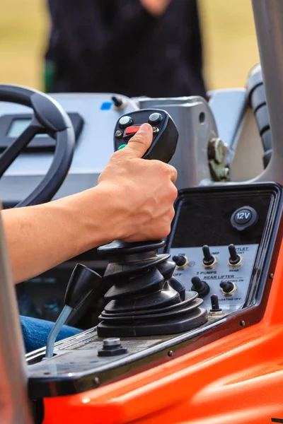 Agriculture Equipment Agribusiness Machinery Vehicles Concept Man Operating Big Industrial — Stock Photo, Image