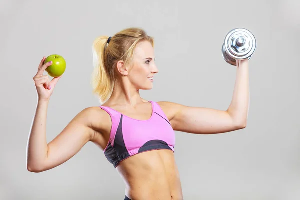 Sporty Fit Woman Holding Heavy Dumbbells Weights One Apple Fruit — Stock Photo, Image