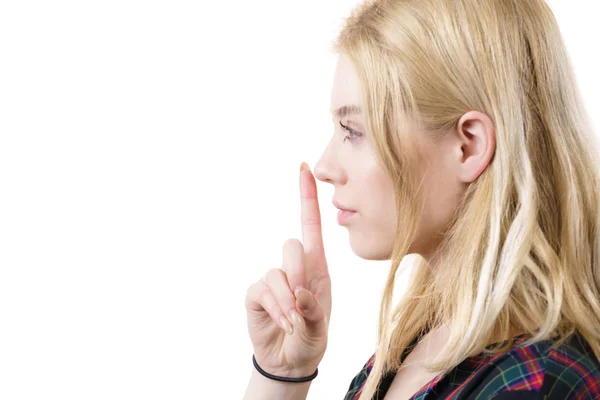 Close Young Blonde Woman Showing Silence Gesture Finger Her Lips — Stock Photo, Image