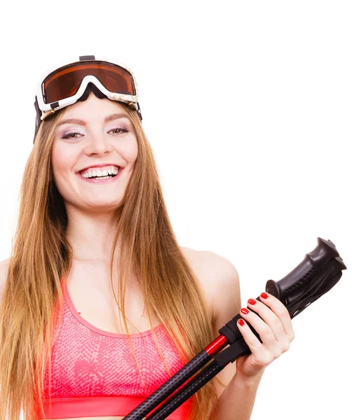 官能的な魅力的なマスキュリン 冬スポーツ コンセプト 棒を保持している魅力的なスキー スーツを着ている女性 — ストック写真