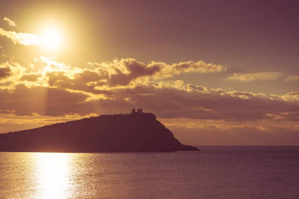 Kreikka Cape Sounion Muinaisen Poseidonin Temppelin Rauniot Auringonnousun Aikaan Näkymä — kuvapankkivalokuva