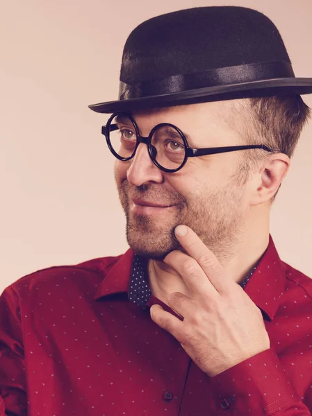 Funny Guy Wearing Eyeglasses Fedora Hat Adult Man Having Weird — Stock Photo, Image