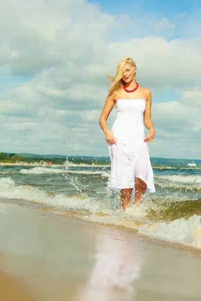 Attractive Blonde Woman Wearing Long White Romantic Dress Walking Water Royalty Free Stock Photos