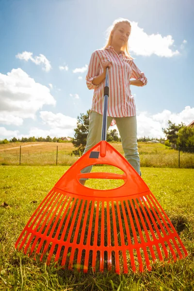 Angolo Insolito Donna Rastrello Foglie Utilizzando Rastrello Persona Che Prende — Foto Stock