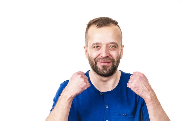 Grappige Volwassen Man Man Die Met Zijn Handen Rondloopt Positieve — Stockfoto