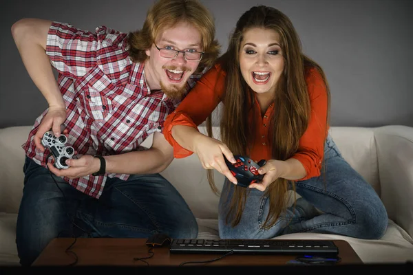 Happy Couple Enjoying Leisure Time Playing Video Games Together Studio — Stock Photo, Image