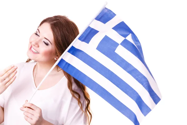 Μελαχρινή Σγουρά Μακριά Μαλλιά Νεαρή Γυναίκα Ελληνική Κυματιστή Σημαία Εθνικό — Φωτογραφία Αρχείου