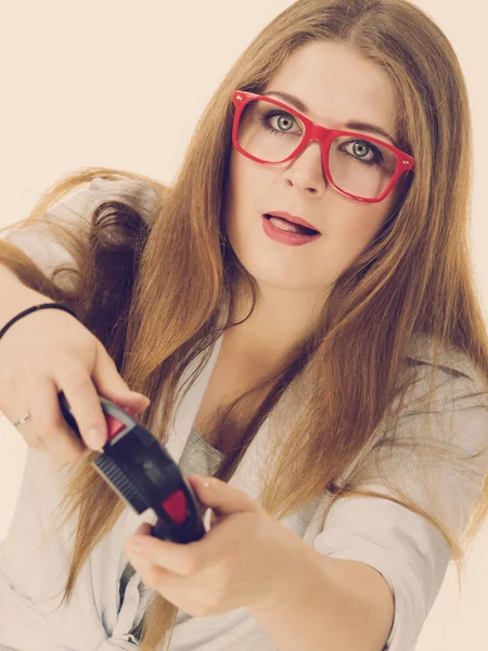 Young Adult Woman Playing Video Console Holding Game Pad Gaming — Stock Photo, Image