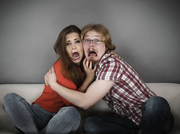 Funny Couple Sitting Sofa Watching Horror Movie Being Scared Hugging — Stock Photo, Image