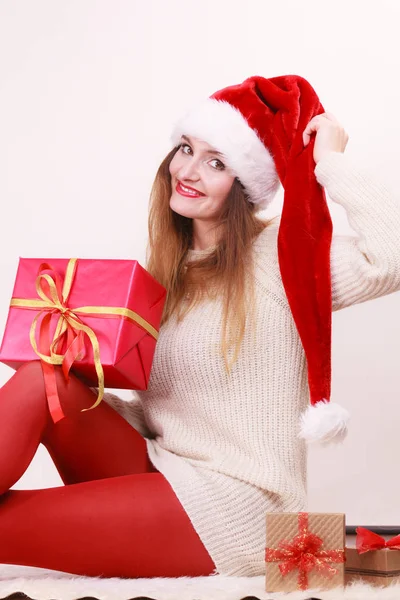 Natale Inverno Felicità Concetto Donna Che Indossa Cappello Babbo Natale — Foto Stock