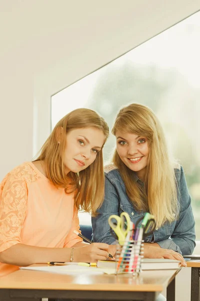 Dos Estudiantes Sentados Concepto Planificación Clases Estudiando Juntos Creando Una — Foto de Stock