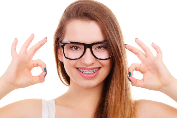 Vision Dentistry Problems Concept Happy Nerdy Teenage Eyeglasses Showing Her — Stock Photo, Image