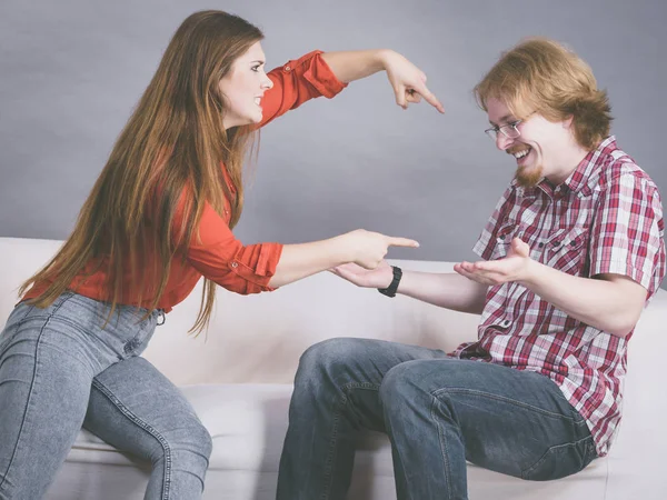 Man Woman Having Horrible Fight While Sitting Sofa Friendship Couple — Stock Photo, Image