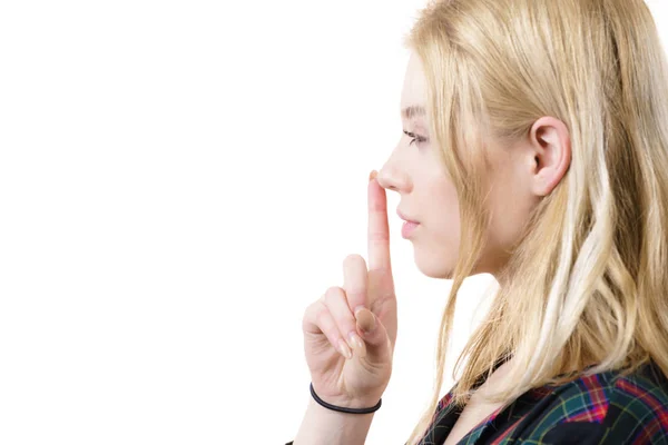 Close Young Blonde Woman Showing Silence Gesture Finger Her Lips — Stock Photo, Image