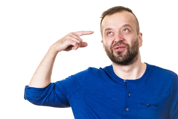 Confused Adult Man Seeking Solution Thinking Something Pointing His Head — Stock Photo, Image