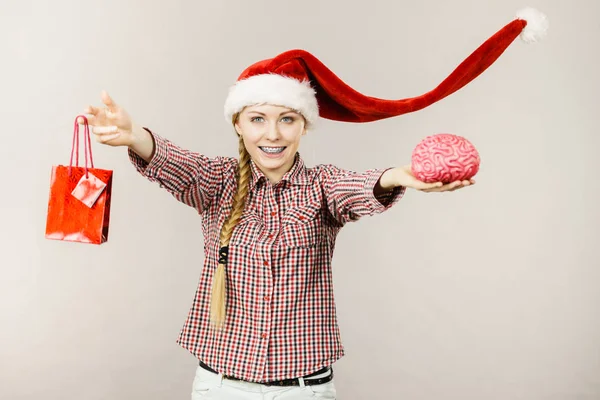 Xmas Seasonal Christmas Smart Clever Shopping Concept Happy Woman Wearing — Stock Photo, Image