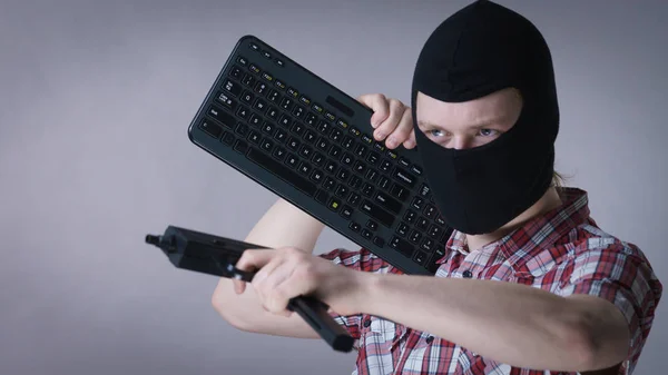 Crazy Hacker Man Unrecognizable Guy Wearing Black Balaclava Holding Computer — Stock Photo, Image