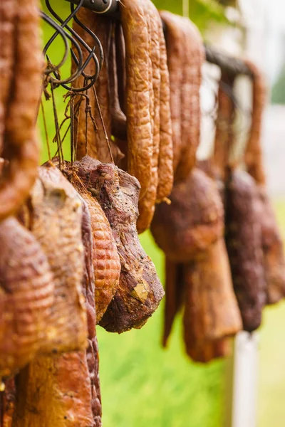 Traditional Food Smoked Sausages Ham Meat Hanging Domestic Smokehouse Strings — Stock Photo, Image