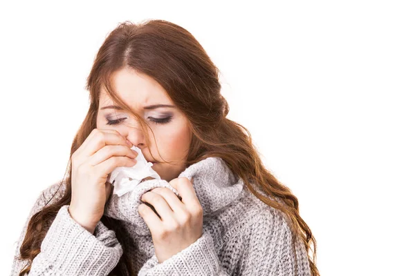 Sick Freezing Woman Sneezing Tissue Girl Wearing Warm Sweater Being — Stock Photo, Image