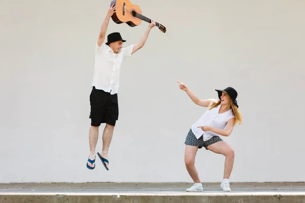 Relationship Goals Concept Couple Romantic Date Mman Jumping Guitar Woman — Stock Photo, Image
