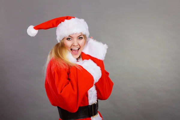 Natal Roupas Sazonais Conceito Natal Inverno Feliz Mulher Vestindo Papai — Fotografia de Stock