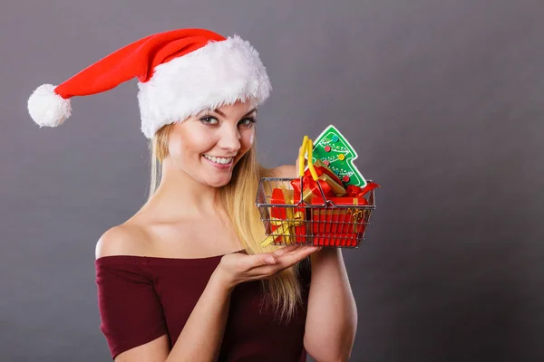 Xmas Seasonal Sales Winter Celebration Concept Happy Woman Wearing Santa — Stock Photo, Image