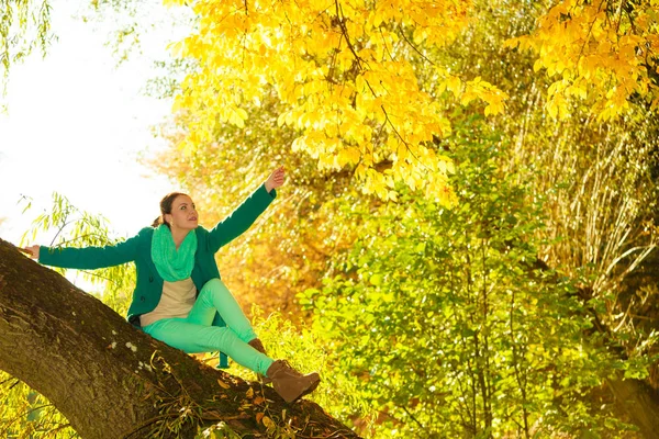 自然に近い森の中や公園 Druing 秋晴れでリラックス 大きな木の幹に座っている女性 — ストック写真