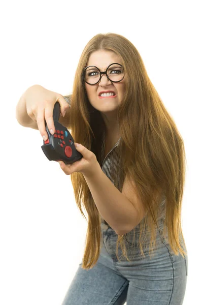 Joven Mujer Adulta Emocional Jugando Consola Vídeo Cojín Celebración Ser —  Fotos de Stock