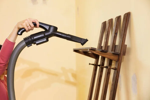 Woman Doing House Cleaning Getting Rid Dust Coat Hanger Using — Stock Photo, Image