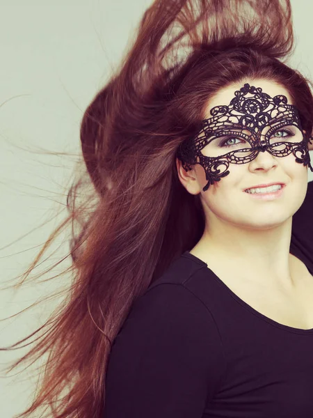 Happy Pretty Mysterious Woman Wearing Black Eye Lace Mask Having — Stock Photo, Image