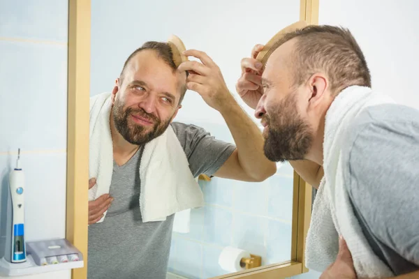 Adult Man Standing Front Bathroom Mirror Brushing His Short Hair — Stock Photo, Image