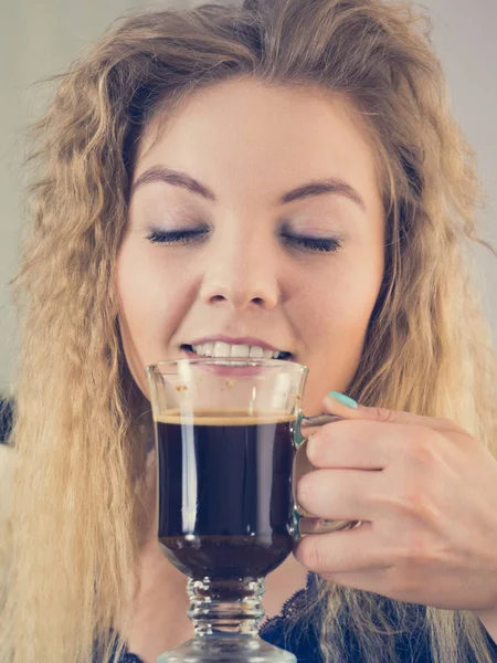 Positive Woman Holding Black Coffee Drink Getting Morning Energy Hurry — Stock Photo, Image