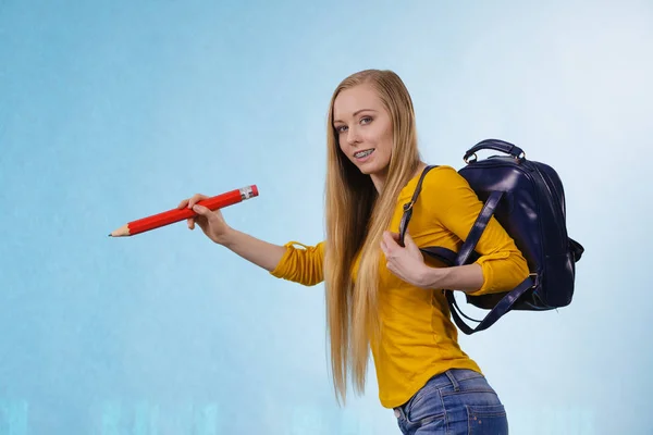 Happy Young Blonde Teenage Girl Going School College Wearing Backpack — Stock Photo, Image