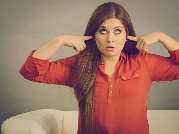 Woman Being Annoyed Loud Noise Having Fingers Ears Pretending Deaf — Stock Photo, Image
