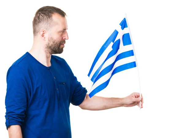 Homem Com Bandeira Acenando Grego Símbolo Nacional Grécia Isolado Branco — Fotografia de Stock