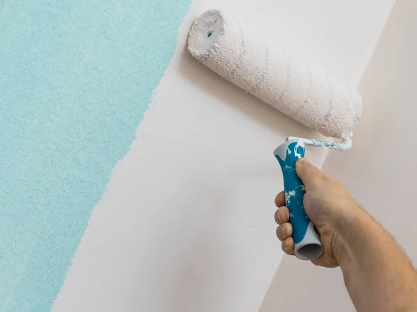 Person Appplying Paint Wall Using Roller Brush Home Renovation Concept — Stock Photo, Image