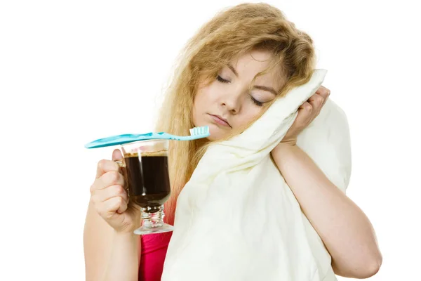 Tired Sleepy Grumpy Woman Holding Toothbrush Coffee Going Brush Her — Stock Photo, Image