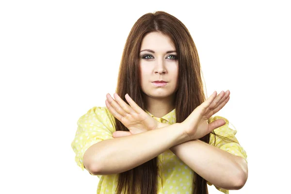 Serious Woman Showing Stop Back Gesture Young Female Being Assertive — Stock Photo, Image