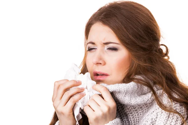 Sick Freezing Woman Sneezing Tissue Girl Wearing Warm Sweater Being — Stock Photo, Image