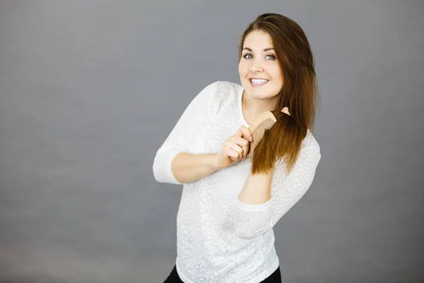 Haircare Morning Hairstyling Concept Happy Woman Brushing Her Long Dark — Stock Photo, Image