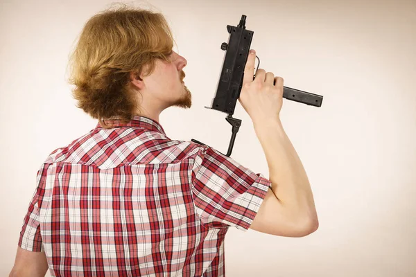 Young Unrecognizable Man Standing Backwards Holding Gun Private Weapon Security — Stock Photo, Image