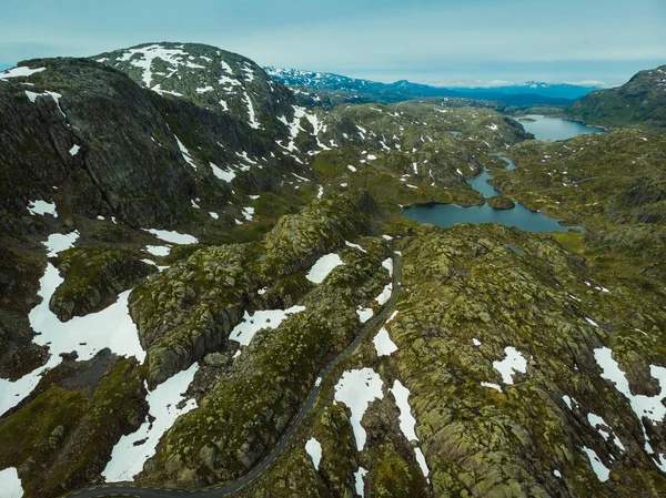Vue Aérienne Norvège Paysage Route Lacs Dans Les Montagnes Rocheuses — Photo