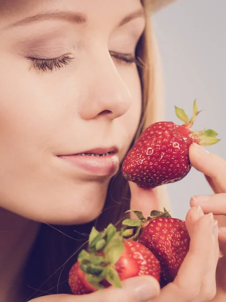 Young Woman Closed Eyes Smelling Fresh Strawberry Fruit Grey Healthy — Stock Photo, Image