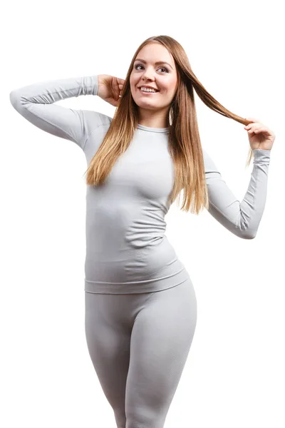 Fit Fitness Slim Γυναίκα Σπορ Κορίτσι Φορώντας Ζεστό Γκρι Σπορ — Φωτογραφία Αρχείου