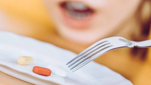 Shocked Woman Taking Pill Eating One Medicine Plate Healthcare Medical — Stock Photo, Image