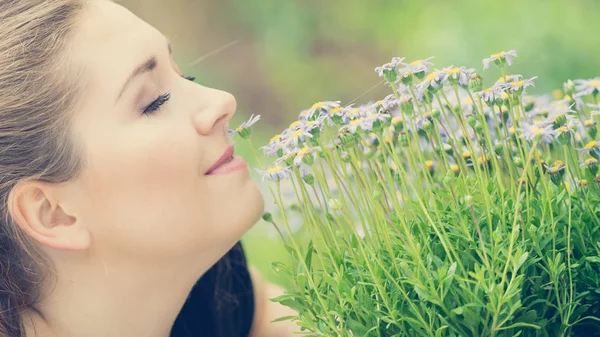Close Happy Woman Smelling Wild Flowers Female Being Nature — Stock Photo, Image