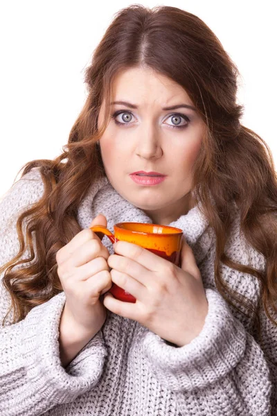 Woman Wearing Warm Clothing Grey Sweater Holding Nice Red Mug — Stock Photo, Image