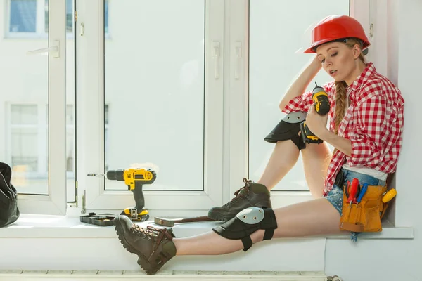Bored Tired Exhaused Woman Construction Worker Helmet Fixing Window Taking — Stock Photo, Image