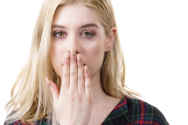 Close Young Blonde Woman Showing Silence Gesture Hiding Her Mouth — Stock Photo, Image